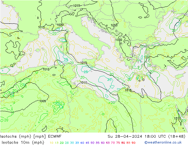 Isotachen (mph) ECMWF So 28.04.2024 18 UTC