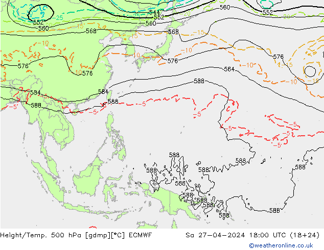 Hoogte/Temp. 500 hPa ECMWF za 27.04.2024 18 UTC