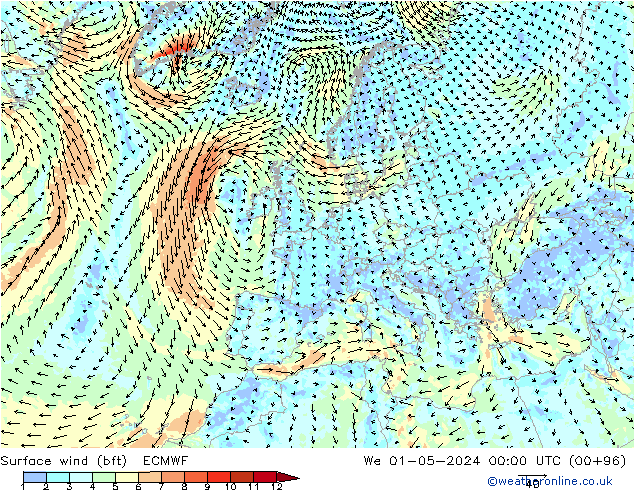 Surface wind (bft) ECMWF We 01.05.2024 00 UTC