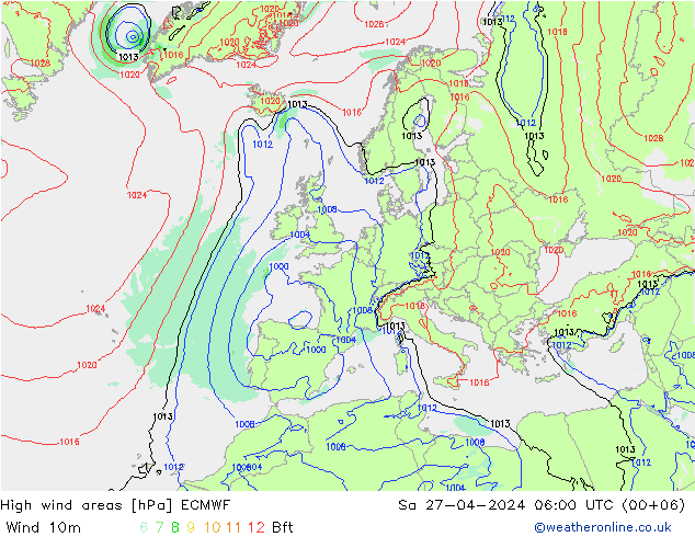 High wind areas ECMWF сб 27.04.2024 06 UTC