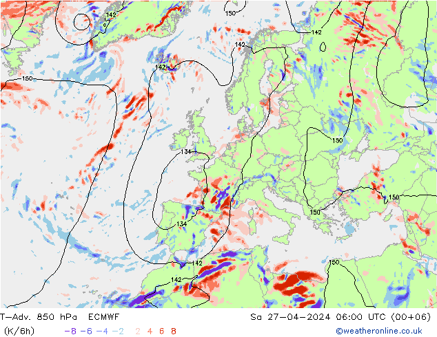 T-Adv. 850 hPa ECMWF sáb 27.04.2024 06 UTC