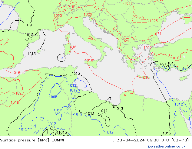 Surface pressure ECMWF Tu 30.04.2024 06 UTC