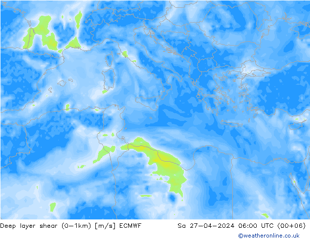 Deep layer shear (0-1km) ECMWF Sáb 27.04.2024 06 UTC