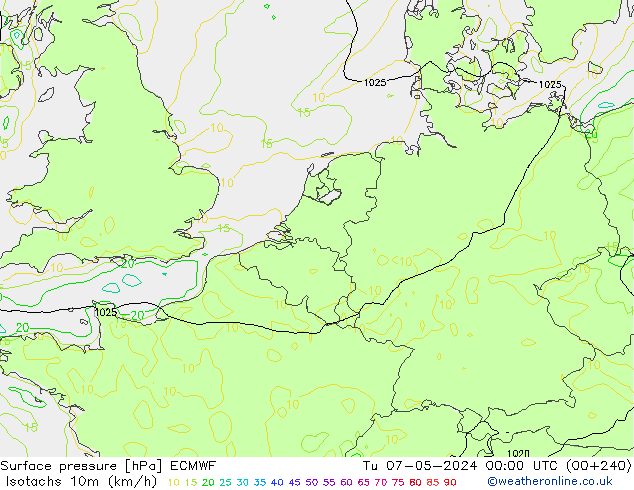 Isotachen (km/h) ECMWF Di 07.05.2024 00 UTC