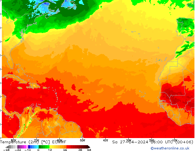 Temperatura (2m) ECMWF Sáb 27.04.2024 06 UTC