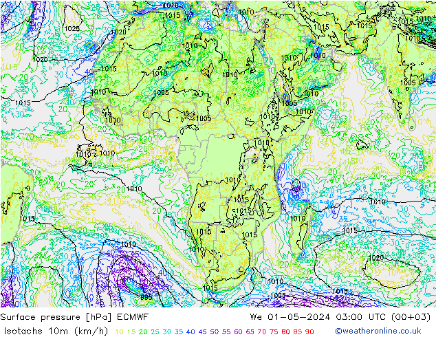 Izotacha (km/godz) ECMWF śro. 01.05.2024 03 UTC