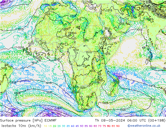 Isotachs (kph) ECMWF  09.05.2024 06 UTC