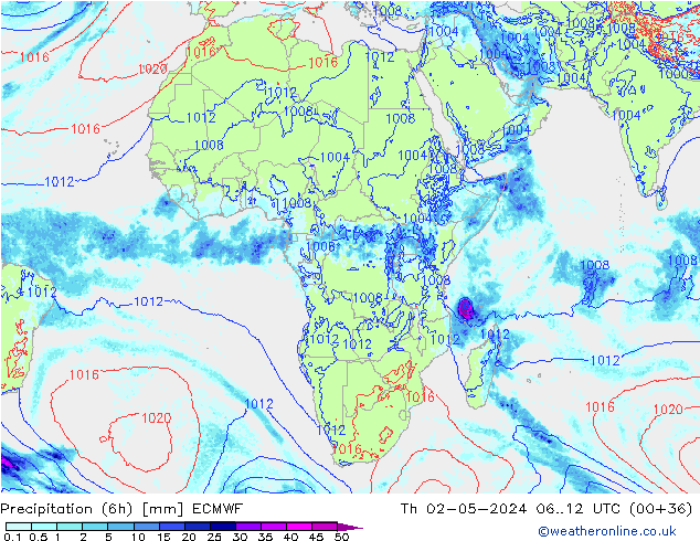 Z500/Rain (+SLP)/Z850 ECMWF Čt 02.05.2024 12 UTC