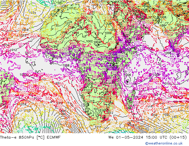 Theta-e 850hPa ECMWF St 01.05.2024 15 UTC