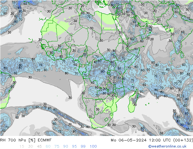 RH 700 hPa ECMWF pon. 06.05.2024 12 UTC