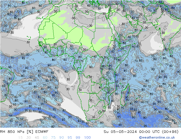 RH 850 hPa ECMWF Dom 05.05.2024 00 UTC