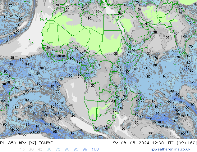 RH 850 hPa ECMWF śro. 08.05.2024 12 UTC