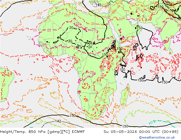 Z500/Yağmur (+YB)/Z850 ECMWF Paz 05.05.2024 00 UTC