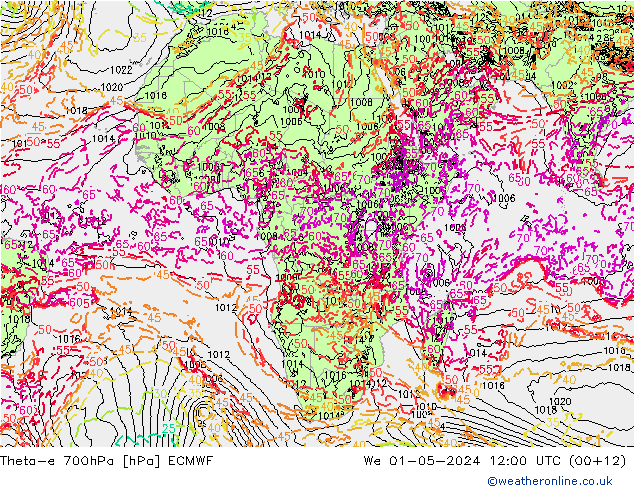 Theta-e 700hPa ECMWF Çar 01.05.2024 12 UTC