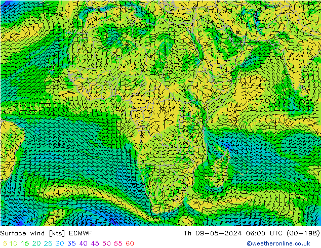 Vento 10 m ECMWF Qui 09.05.2024 06 UTC