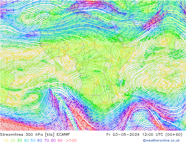 Ligne de courant 300 hPa ECMWF ven 03.05.2024 12 UTC