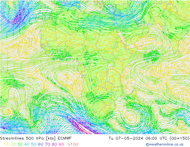 Streamlines 500 hPa ECMWF Tu 07.05.2024 06 UTC