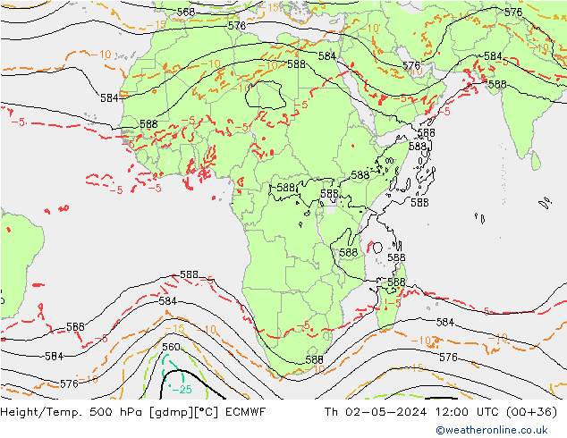 Z500/Rain (+SLP)/Z850 ECMWF Čt 02.05.2024 12 UTC