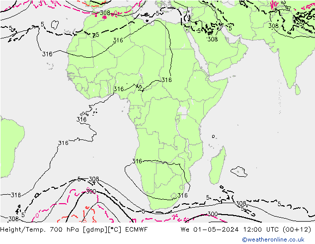 Height/Temp. 700 гПа ECMWF ср 01.05.2024 12 UTC