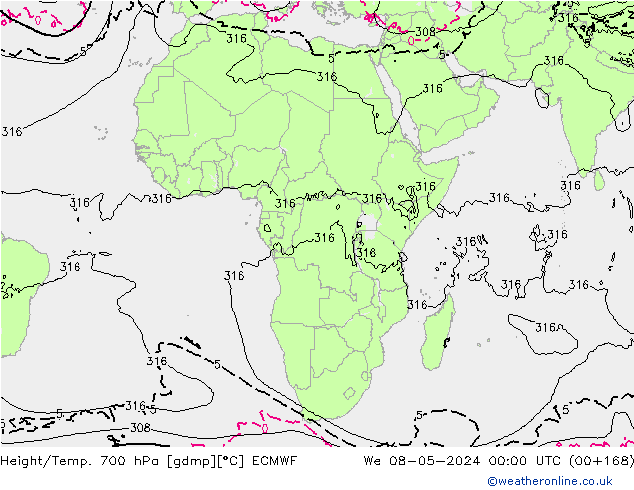 Height/Temp. 700 hPa ECMWF We 08.05.2024 00 UTC