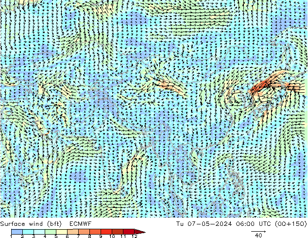 wiatr 10 m (bft) ECMWF wto. 07.05.2024 06 UTC