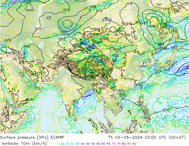 Isotachs (kph) ECMWF Qui 02.05.2024 03 UTC