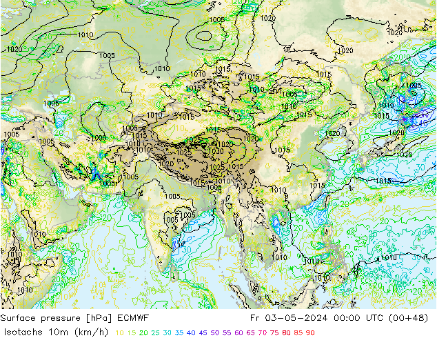 Izotacha (km/godz) ECMWF pt. 03.05.2024 00 UTC