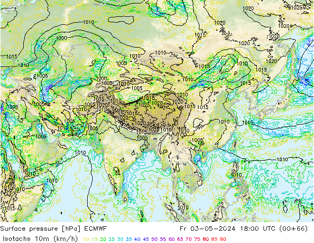 Isotachs (kph) ECMWF ven 03.05.2024 18 UTC