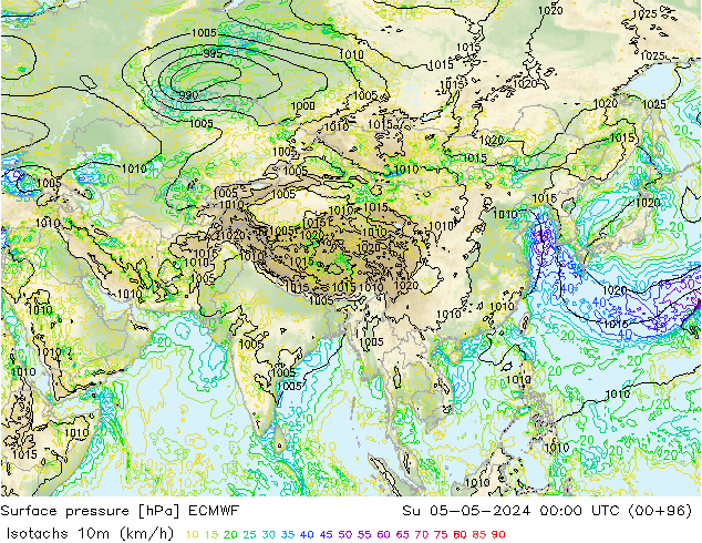 Isotachs (kph) ECMWF Su 05.05.2024 00 UTC