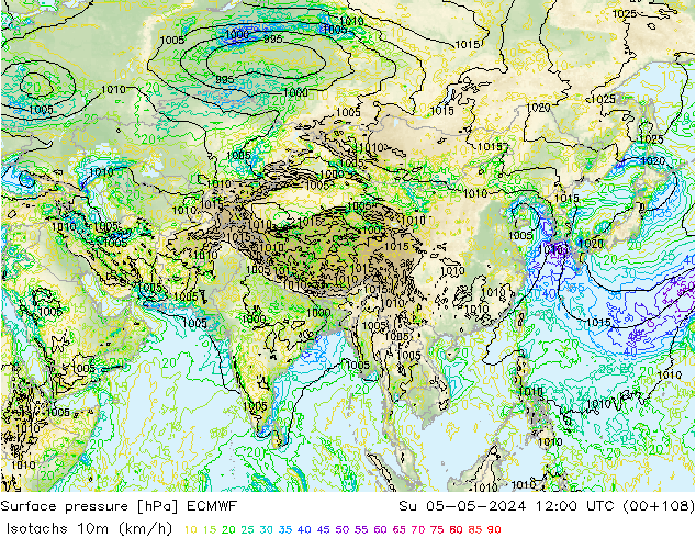 Izotacha (km/godz) ECMWF nie. 05.05.2024 12 UTC