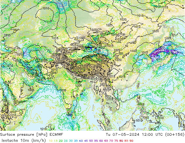 Isotachs (kph) ECMWF mar 07.05.2024 12 UTC