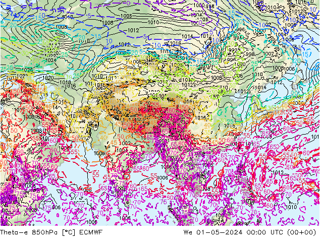 Theta-e 850hPa ECMWF śro. 01.05.2024 00 UTC