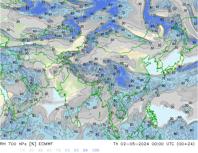 RH 700 hPa ECMWF Čt 02.05.2024 00 UTC