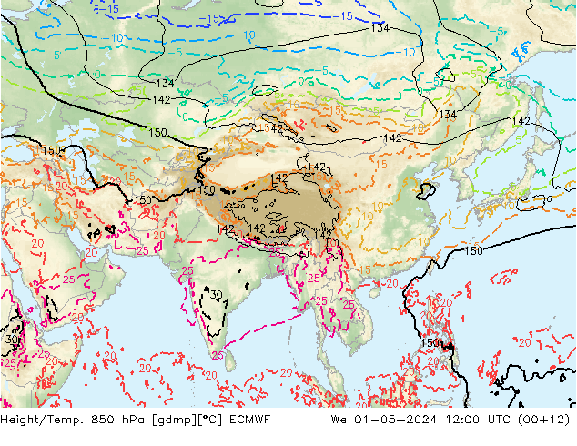 Z500/Rain (+SLP)/Z850 ECMWF Qua 01.05.2024 12 UTC