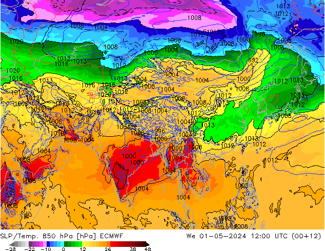 SLP/Temp. 850 hPa ECMWF śro. 01.05.2024 12 UTC