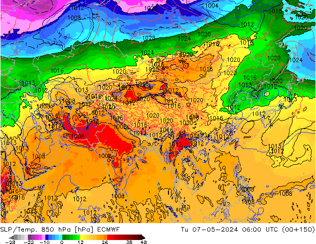 SLP/Temp. 850 hPa ECMWF wto. 07.05.2024 06 UTC