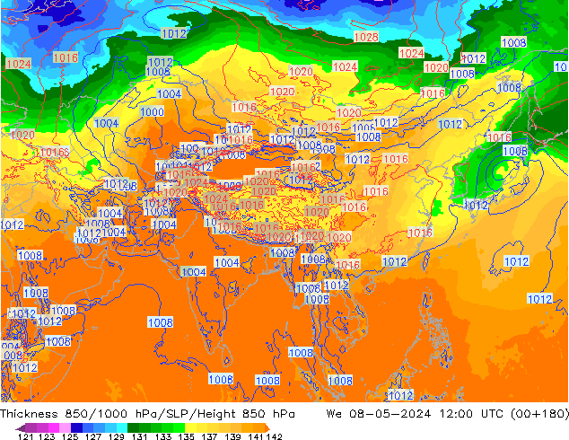 Thck 850-1000 hPa ECMWF mer 08.05.2024 12 UTC