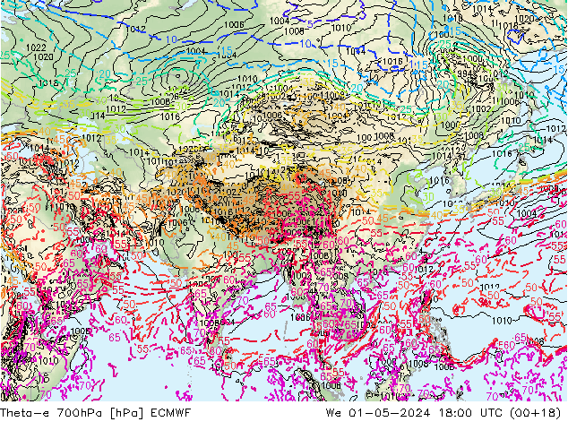 Theta-e 700hPa ECMWF Mi 01.05.2024 18 UTC