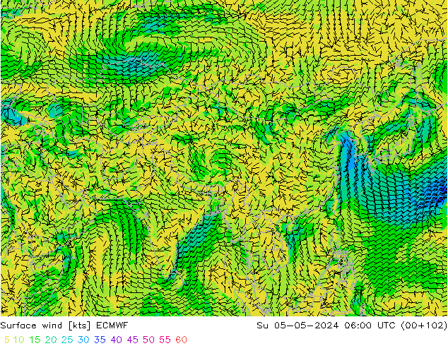 wiatr 10 m ECMWF nie. 05.05.2024 06 UTC