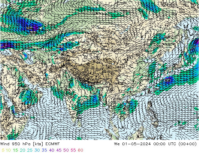 wiatr 950 hPa ECMWF śro. 01.05.2024 00 UTC