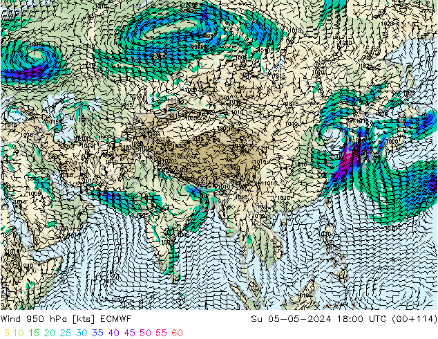 Rüzgar 950 hPa ECMWF Paz 05.05.2024 18 UTC