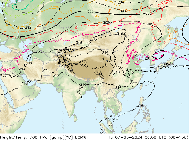 Height/Temp. 700 hPa ECMWF wto. 07.05.2024 06 UTC