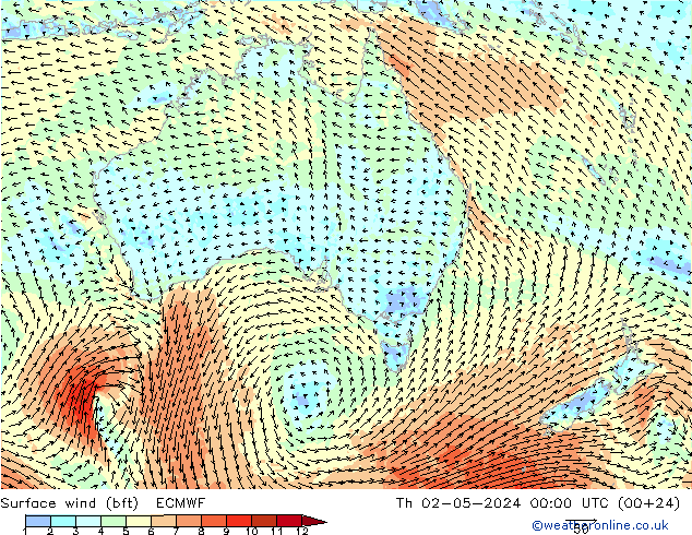 Viento 10 m (bft) ECMWF jue 02.05.2024 00 UTC