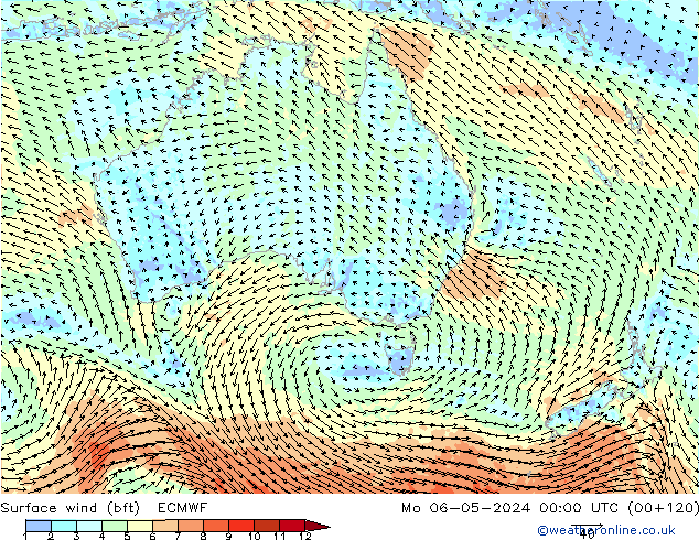 Surface wind (bft) ECMWF Po 06.05.2024 00 UTC