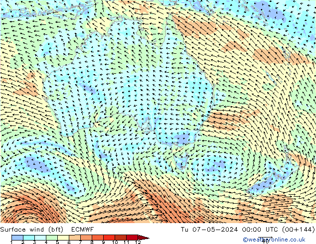 Wind 10 m (bft) ECMWF di 07.05.2024 00 UTC