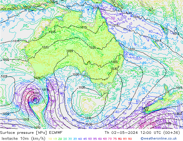 Isotachs (kph) ECMWF чт 02.05.2024 12 UTC