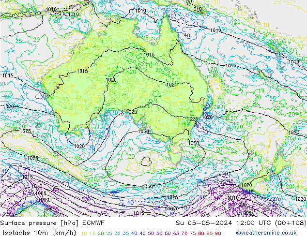 Isotachs (kph) ECMWF Вс 05.05.2024 12 UTC