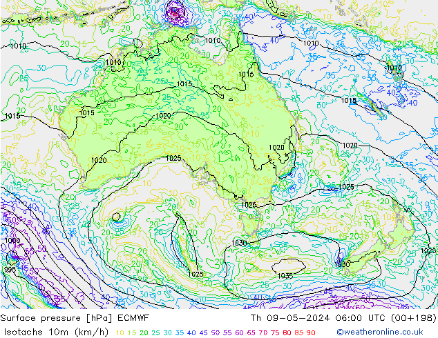 Isotachs (kph) ECMWF Th 09.05.2024 06 UTC