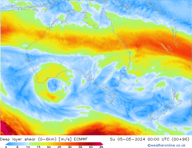 Deep layer shear (0-6km) ECMWF zo 05.05.2024 00 UTC