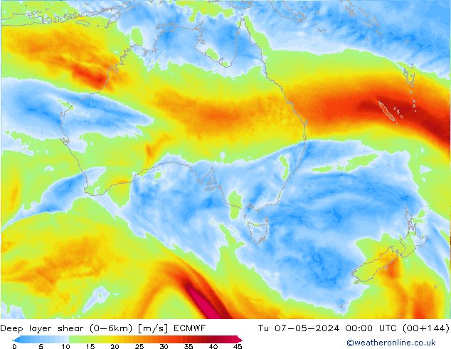 Deep layer shear (0-6km) ECMWF di 07.05.2024 00 UTC